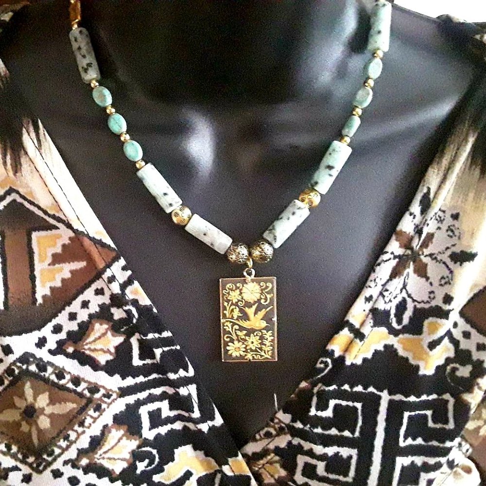 Vintage pendant with imperial blue black jasper,African turquoise ,necklace 16".